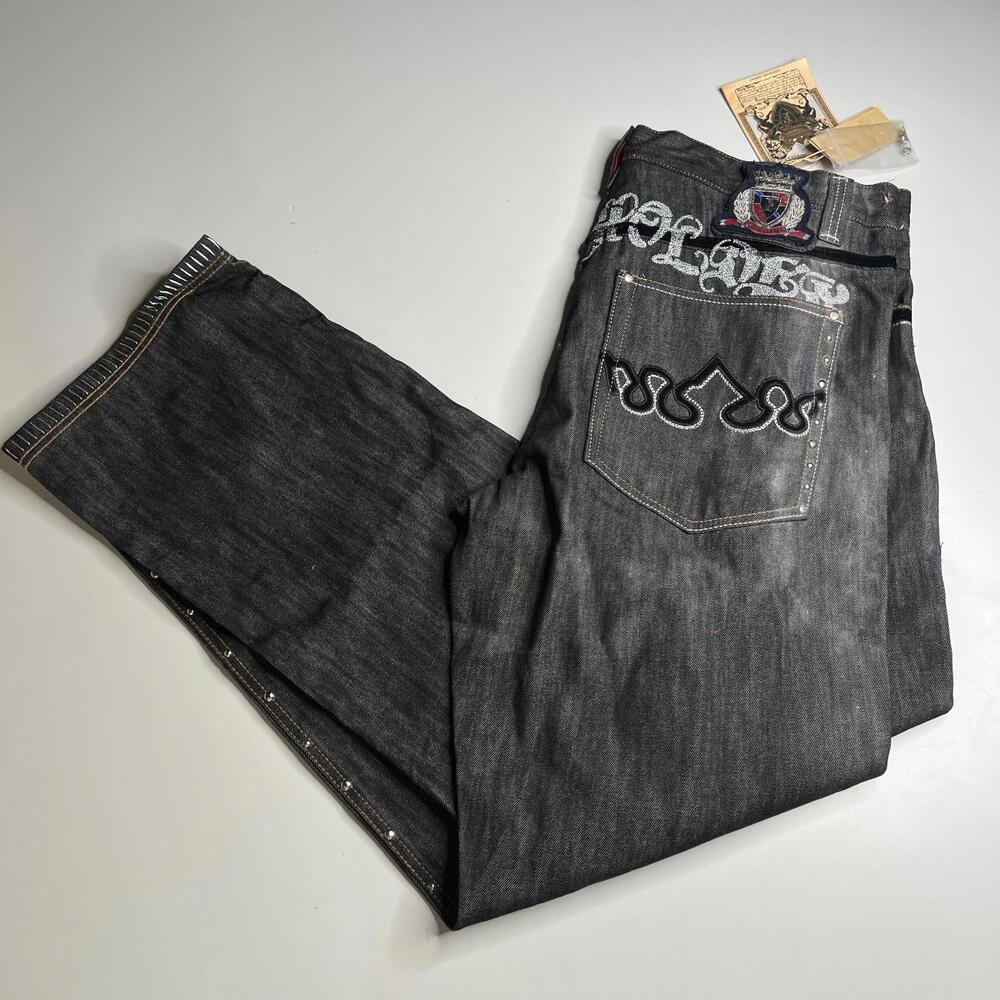 Vintage The Crown Holder Men's Embellished Denim Jeans‎ 38x34 Black Silver $198